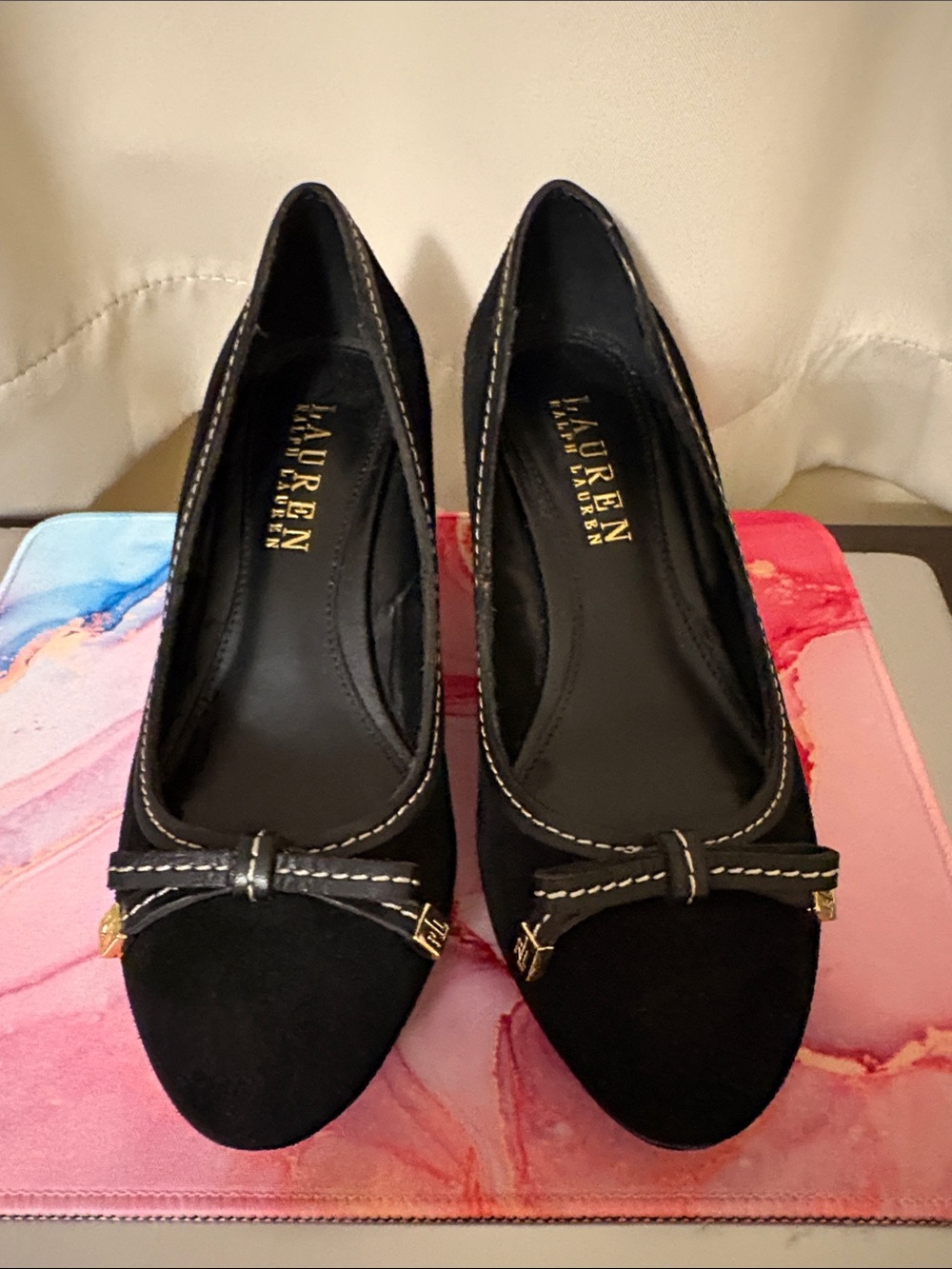 Lauren Ralph Lauren Black Suede Bow Trim Ballet Flats 6B